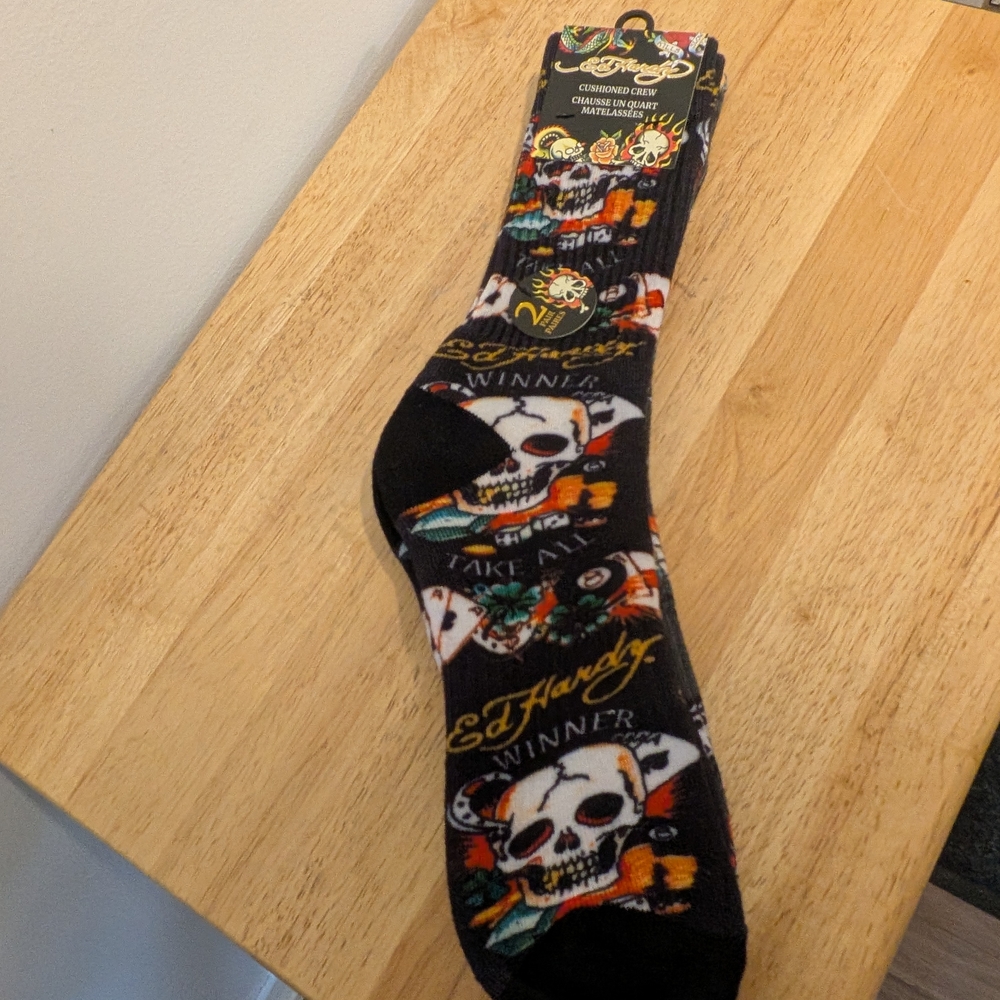 Ed Hardy Black Crew Socks with Multicolor Skull Graphics